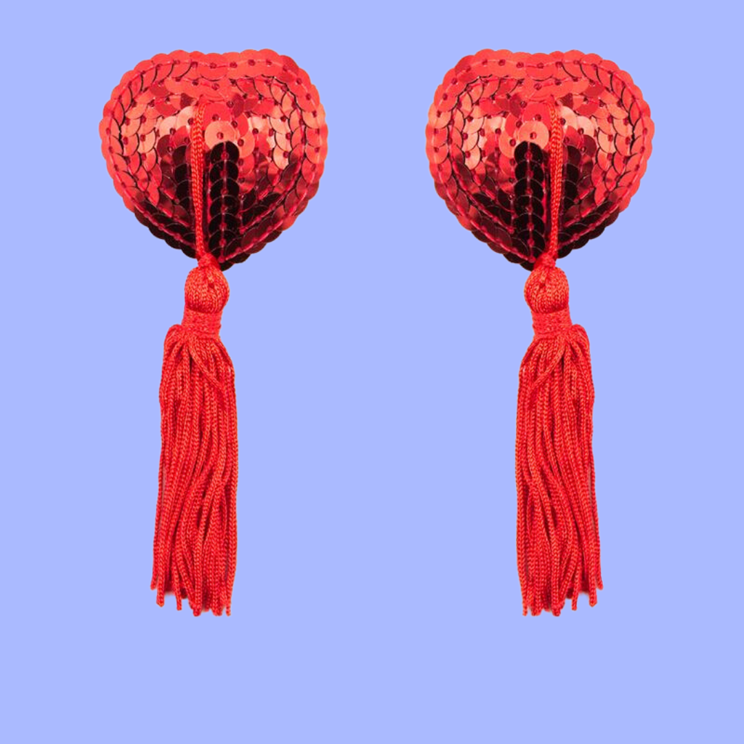 BDSM LINE PEZONERAS FORMA CORAZÓN AUTOADHESIVAS CON LENTEJUELAS ROJO - LATETOBED