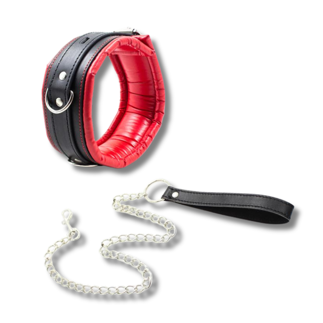 BDSM LINE Collar con Correa de Metal e Interior Acolchado Negro/Rojo - LATETOBED