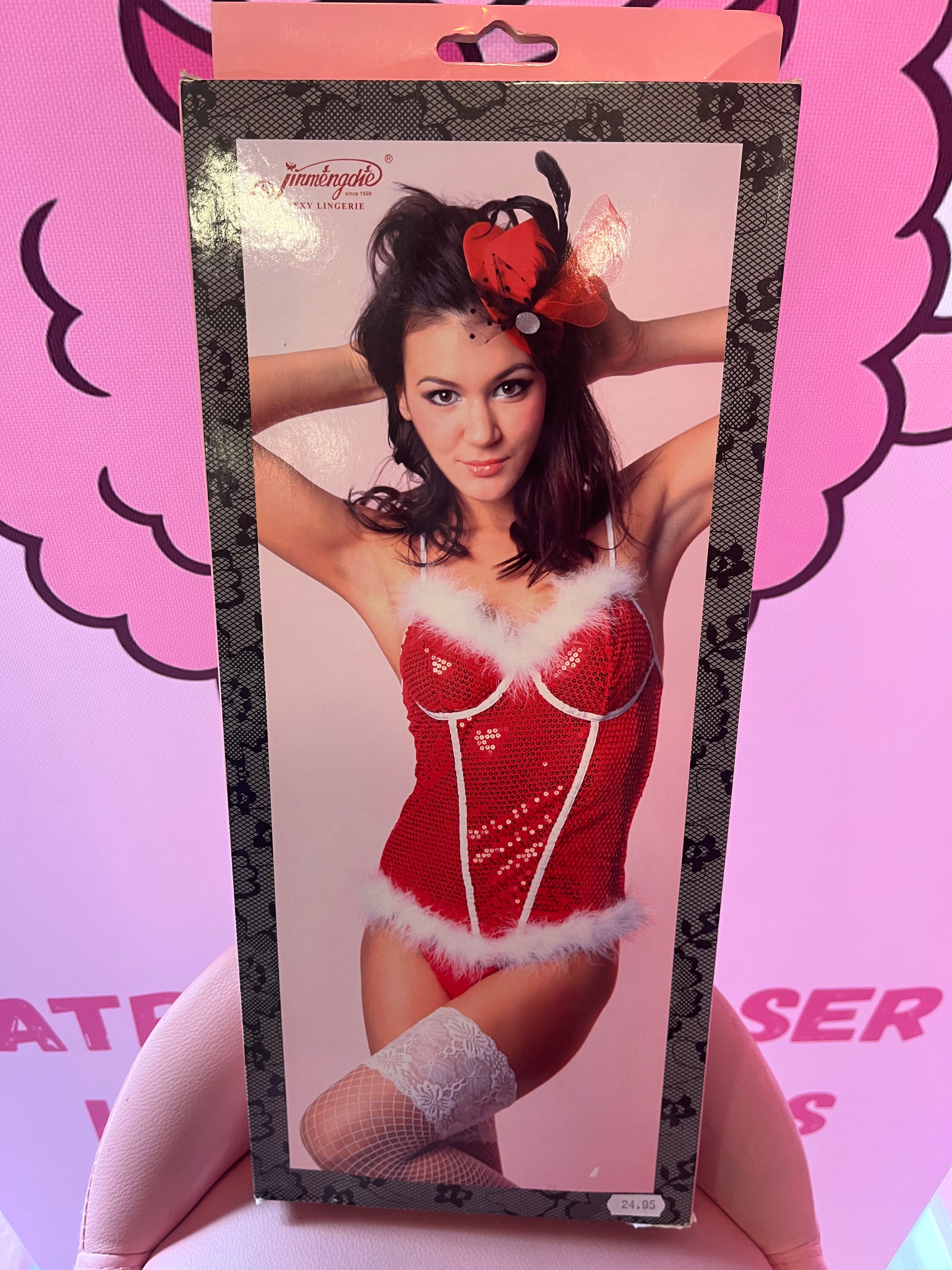 CONJUNTO DE CORSE LENTEJUELAS ROJO Y TANGA FESTIVO NAVIDEÑO TALLA M - JINMENGDIE