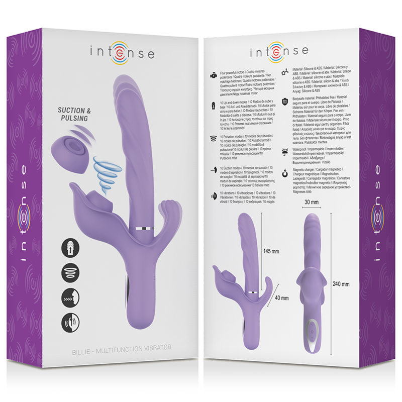 VIBRADOR BILLIE MULTIFUNCIÓN RECARGABLE SUCCIONADOR CON PULSADOR MORADO - INTENSE