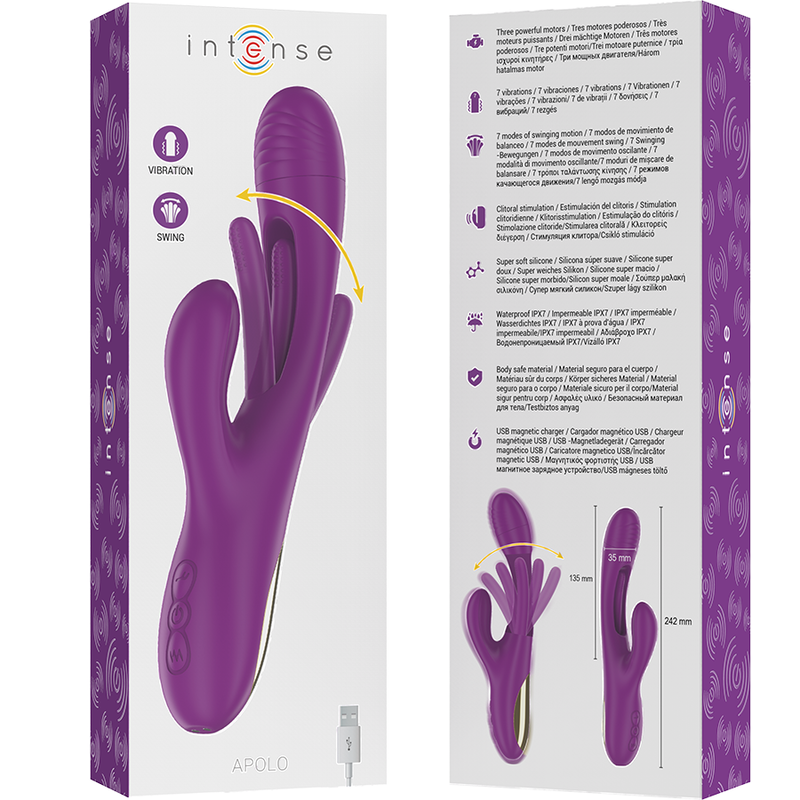 VIBRADOR APOLO MULTIFUNCIÓN RECARGABLE 7 VIBRACIONES CON LENGUA OSCILANTE MORADO - INTENSE
