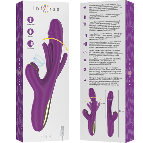 VIBRADOR ATENEO MULTIFUNCIÓN RECARGABLE 7 VIBRACIÓNES CON LENGUA OSCILANTE Y SUCCIONADOR MORADO - INTENSE