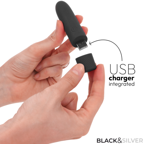 BALA GERI VIBRADORA RECARGABLE POR USB 8 VIBRACIONES NEGRO 10 X 2.2 CM - BLACK & SILVER