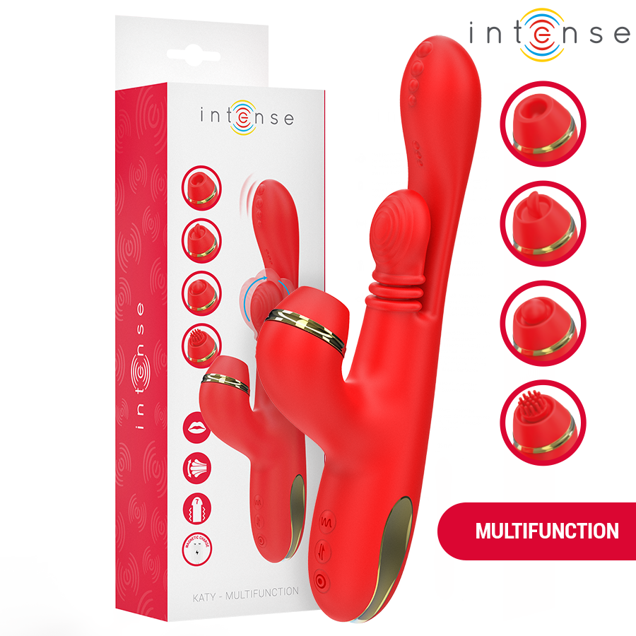 ESTIMULADOR KATY CLÍTORIS MULTIFUNCIÓN 4 CABEZALES INTERCAMBIABLES ROJO - INTENSE