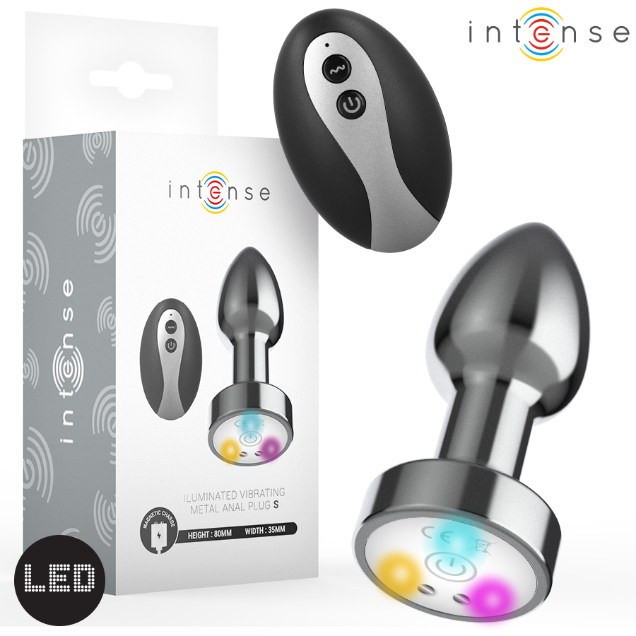 PLUG ANAL DE METAL VIBRADOR CON LUCES LED MULTICOLOR Y CONTROL REMOTO TALLA S / M - INTENSE