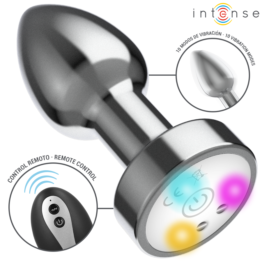 PLUG ANAL DE METAL VIBRADOR CON LUCES LED MULTICOLOR Y CONTROL REMOTO TALLA S / M - INTENSE