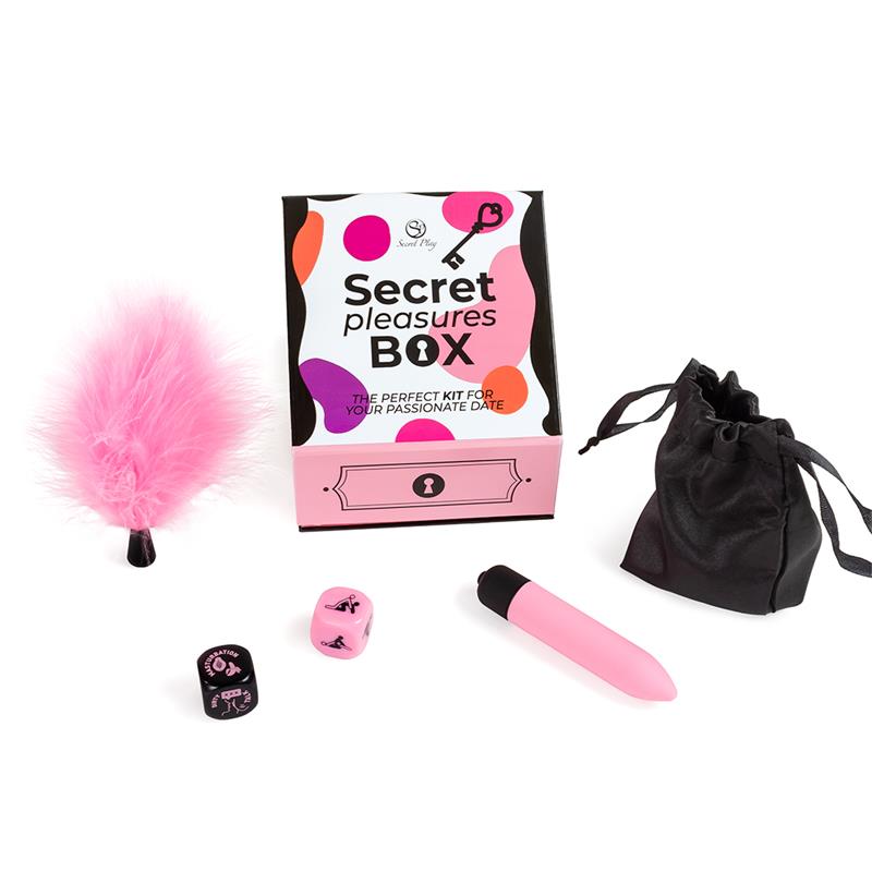 Kit Secret Pleasures Box CAJA DE PLACERES PARA PAREJAS DADOS + BALA VIBRADORA + PLUMERO- SECRET PLAY