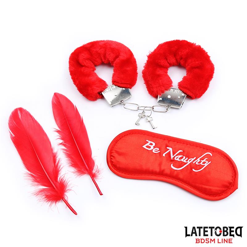 BDSM LINE Set de 3 Piezas antifaz esposas pluma - LATETOBED