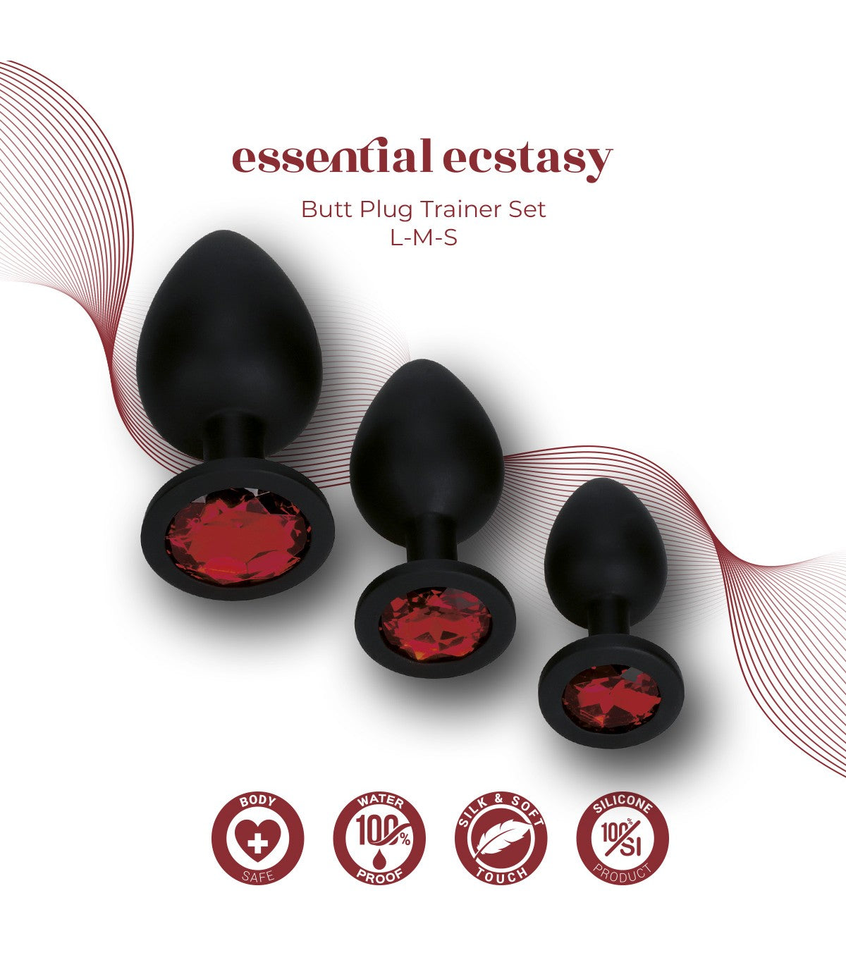 PLUG ANAL SET X3 SILICONA NEGRO/RUBÍ - ESSENTIALS - VIRGITE