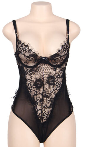 BODY TEDDY ENCAJE FLORAL Y CON FLECOS NEGRO TALLA GRANDE - SUBBLIME
