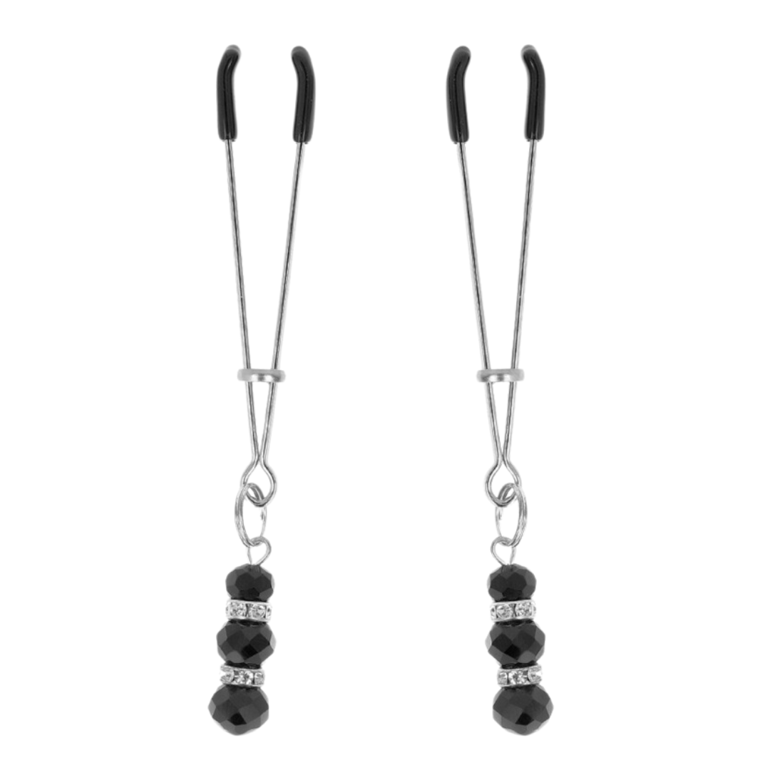 PINZAS PARA PEZONES PLATEADA FINA CON TRIPLE BOLA DE VIDRIO NEGRO 7 CM - KINK