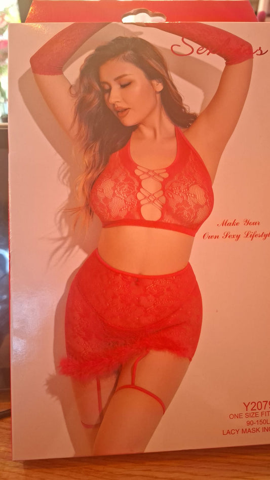 Conjunto lencería rojo de rejilla, talla única- Sexkiss