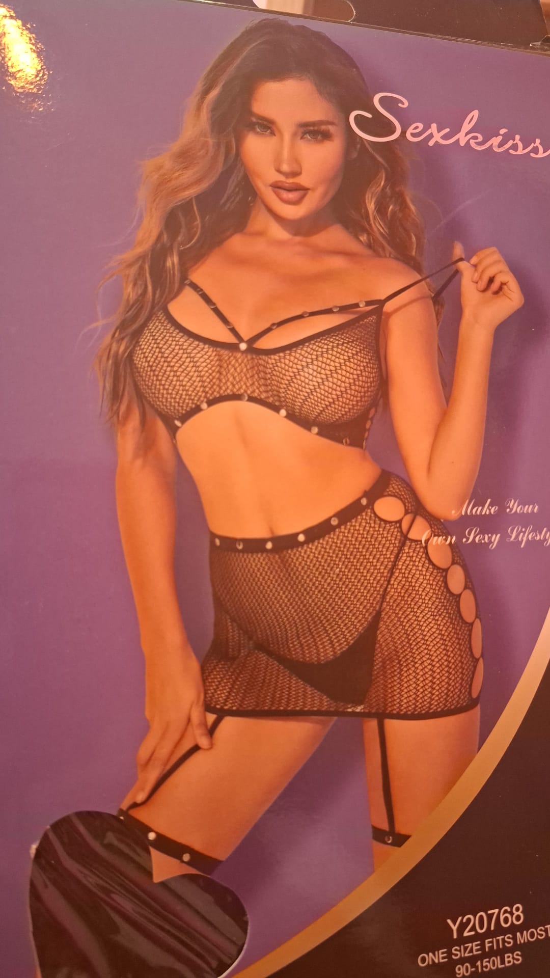 Conjunto lencería negra de rejilla con tachuelas, talla única- Sexkiss