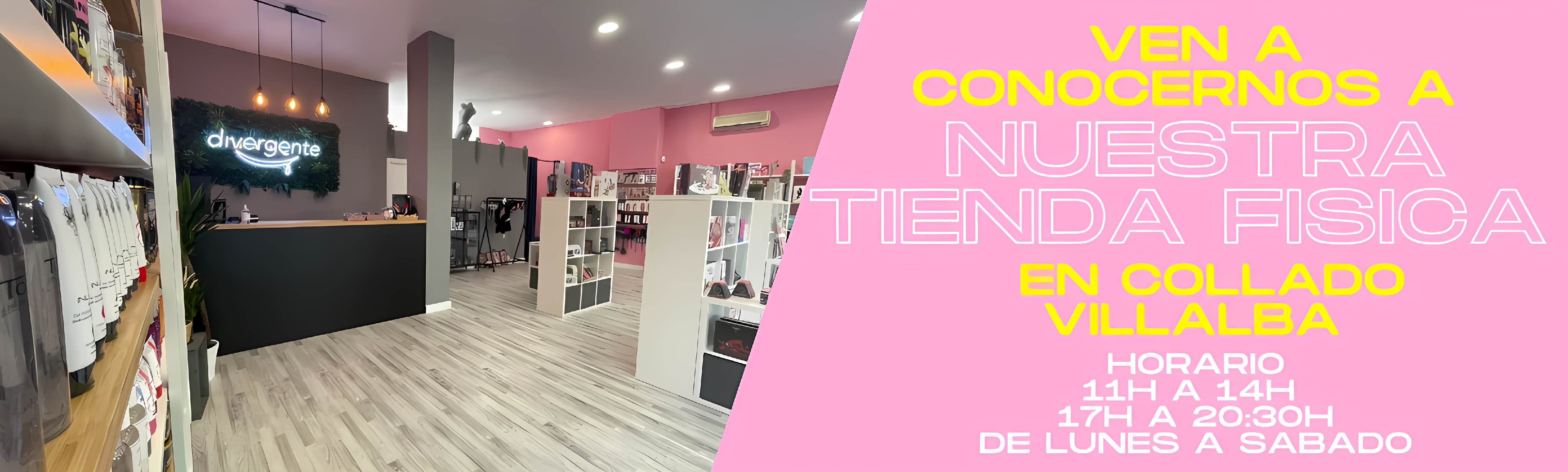 Banner de Divergente.store invitando a visitar nuestra tienda física en Collado Villalba y descubrir una experiencia única.