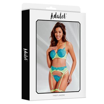 HARLOW SET SUJETADOR, TANGA, LIGUERO Y LIGA AMARILLO Y AZUL TALLA L-XL - ADALET LINGERIE