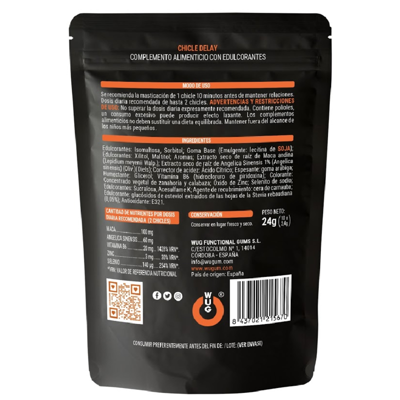 Chicle funcional con Zinc, Selenio y Vitamina B6 para mayor control y resistencia en los momentos íntimos - WUG DELAY