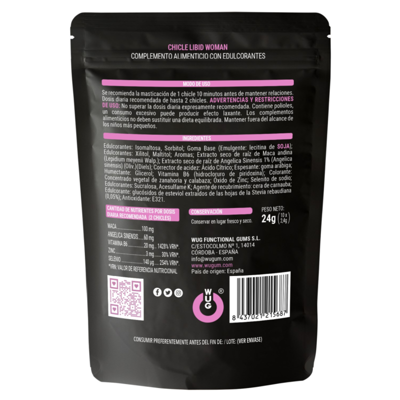 Chicle funcional con Maca, Ginseng Femenino y Zinc para potenciar la vitalidad femenina - WUG