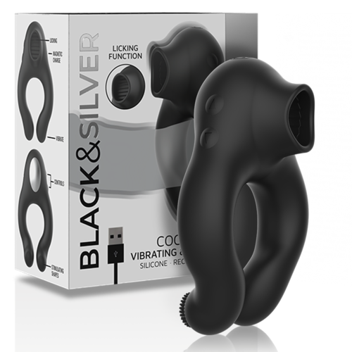 ANILLO VIBRADOR SILICONA 3 MOTORES RECARGABLE NEGRO - BLACK&SILVER