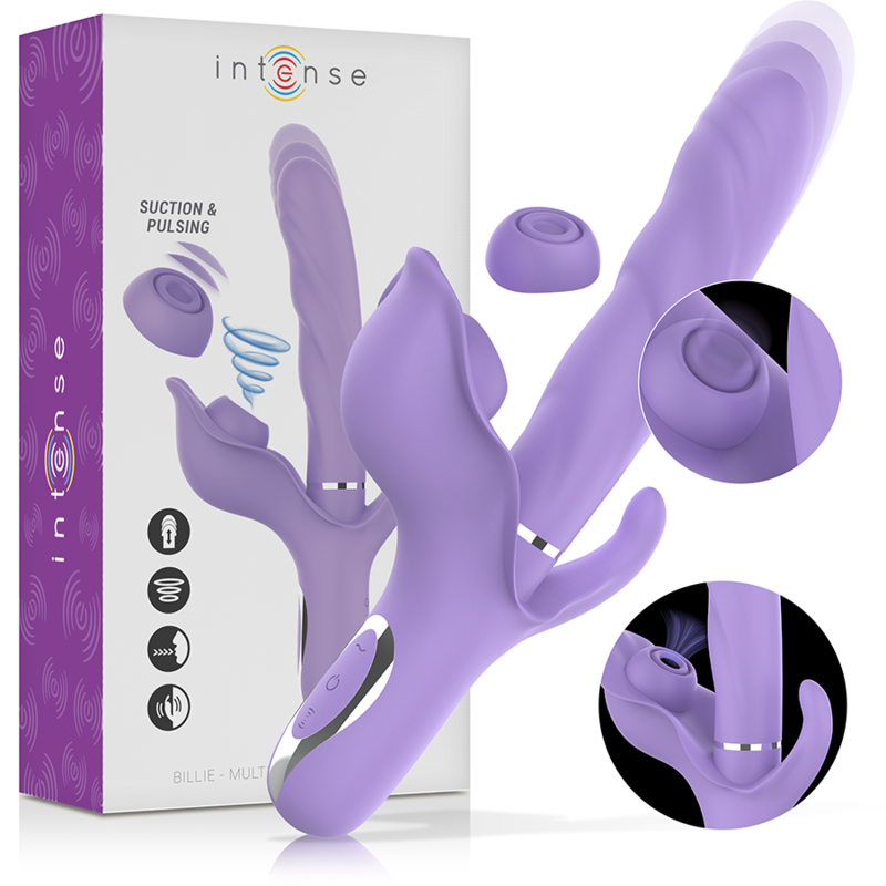 VIBRADOR BILLIE MULTIFUNCIÓN RECARGABLE SUCCIONADOR CON PULSADOR MORADO - INTENSE