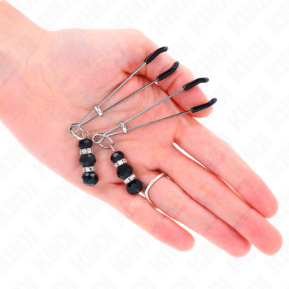 PINZAS PARA PEZONES PLATEADA FINA CON TRIPLE BOLA DE VIDRIO NEGRO 7 CM - KINK