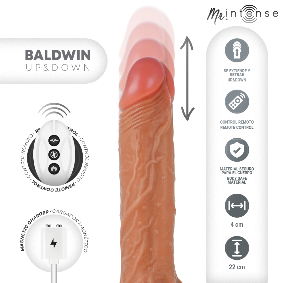DILDO BALDWIN REALÍSTICO MULTIFUNCIÓN CON VIBRACIÓN UP AND DOWN CONTROL REMOTO 22 CM -O- 4 CM - INTENSE