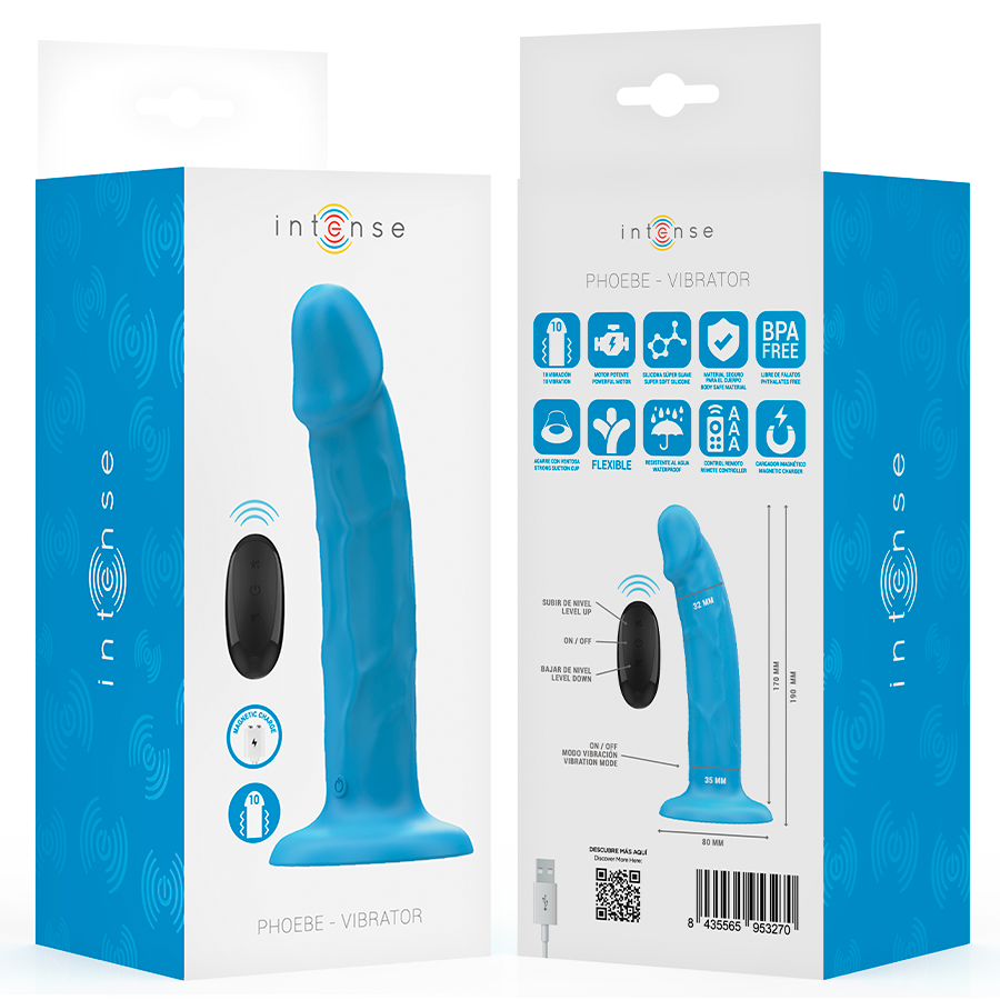 DILDO PHOEBE VIBRADOR REALÍSTICO 10 VIBRACIONES AZUL CONTROL REMOTO - INTENSE