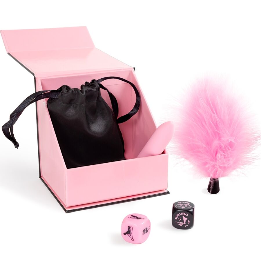 Kit Secret Pleasures Box CAJA DE PLACERES PARA PAREJAS DADOS + BALA VIBRADORA + PLUMERO- SECRET PLAY