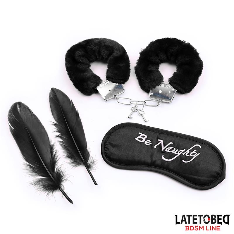BDSM LINE Set de 3 Piezas antifaz esposas pluma - LATETOBED
